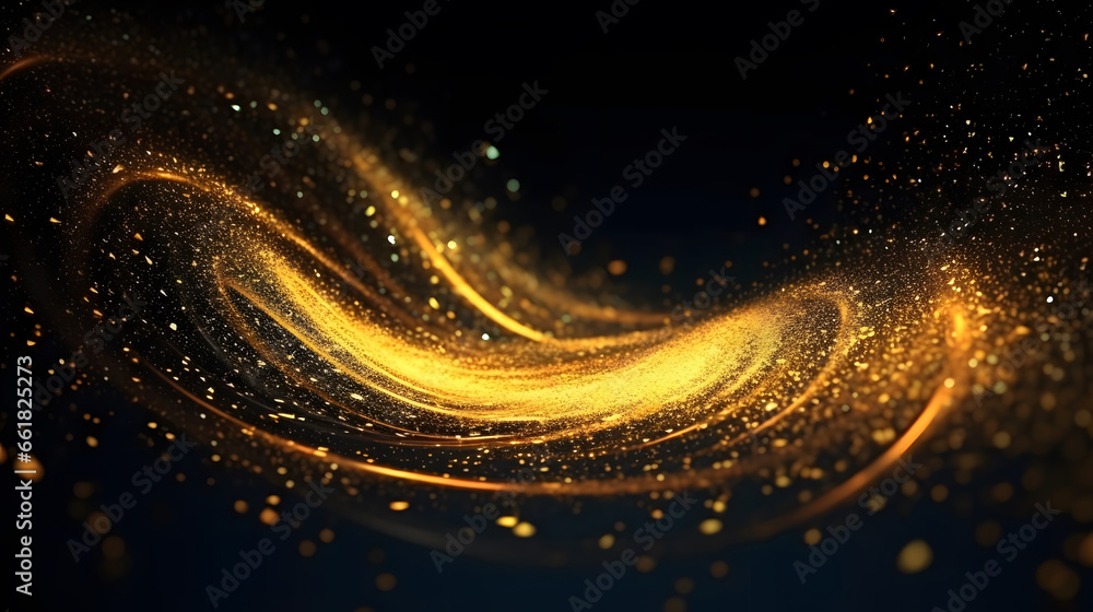 Poster digital gold particles wave and light abstract background with shining floor particle stars dust. fu