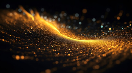 Digital Gold Particles Wave and light abstract background with shining floor particle stars dust. Futuristic glittering Luxury golden sparkling on black background. - obrazy, fototapety, plakaty