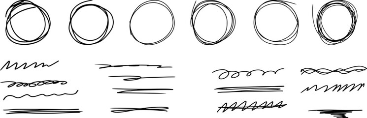 Handy drawn graphic circle, line, doodle, wave, brush set. Handy symbol, icon graphic collection.
