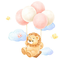 Cute Lion flying with balloons
