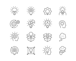 Thought and Creativity Icon collection containing 16 editable stroke icons. Perfect for logos, stats and infographics. Edit the thickness of the line in Adobe Illustrator (or any vector capable app).