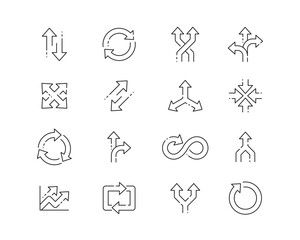 Arrow Concepts Icon collection containing 16 editable stroke icons. Perfect for logos, stats and infographics. Edit the thickness of the line in Adobe Illustrator (or any vector capable app).