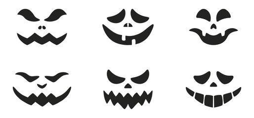 Halloween masks. Funny smiling faces and horrible faces. Faces for pumpkin. Vector decor for holiday