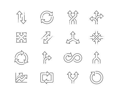 Arrow Concepts Icon collection containing 16 editable stroke icons. Perfect for logos, stats and infographics. Edit the thickness of the line in Adobe Illustrator (or any vector capable app).