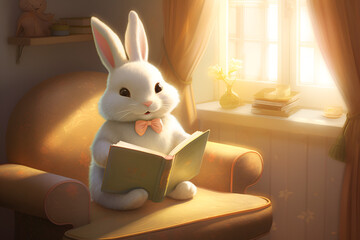 Charming bunny immersed in a story, nestled in an ornate armchair bathed in warm morning light