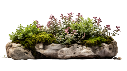 Creeping Thyme in Stone Planter Isolated on Transparent or White Background, PNG