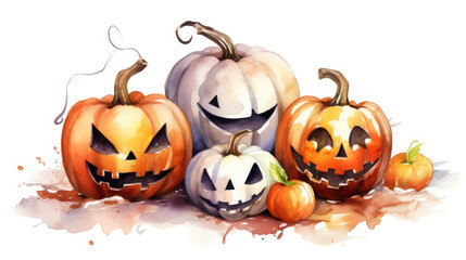 Watercolor painting of a Halloween pumpkins in white colours tones.
