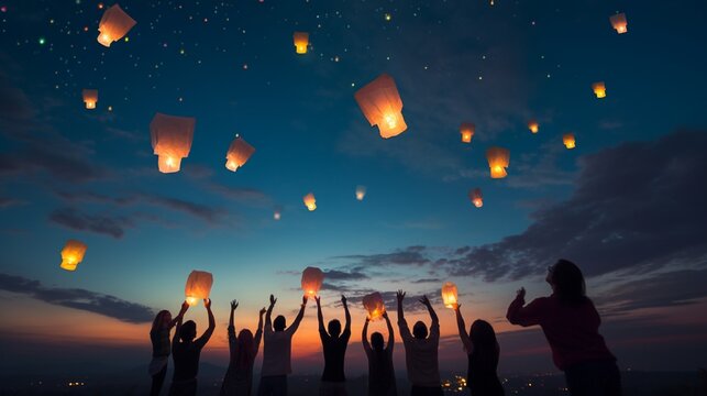 1. A group of friends releasing colorful sky lanterns into the night sky as part of a magical birthday celebration tradition.