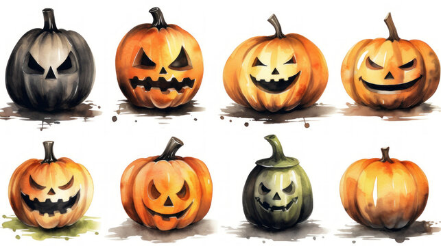 Watercolor painting of a Halloween pumpkins in black colours tones.