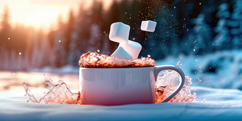 Close-up of a marshmallow falling into a cup of hot cocoa and making a splash. Movement and snowy landscape in the background. Generative AI - obrazy, fototapety, plakaty