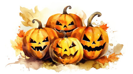 Watercolor painting of a Halloween pumpkins in yellow colours tones.