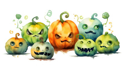 Watercolor painting of a Halloween pumpkins in lime colours tones.