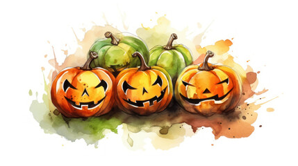 Fototapeta premium Watercolor painting of a Halloween pumpkins in green colours tones.