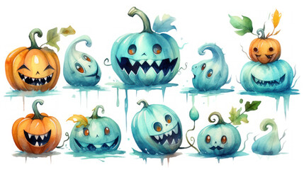 Obraz premium Watercolor painting of a Halloween pumpkins in cyan colours tones.