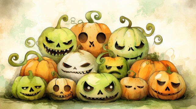Watercolor painting of a Halloween pumpkins in lime colours tones.