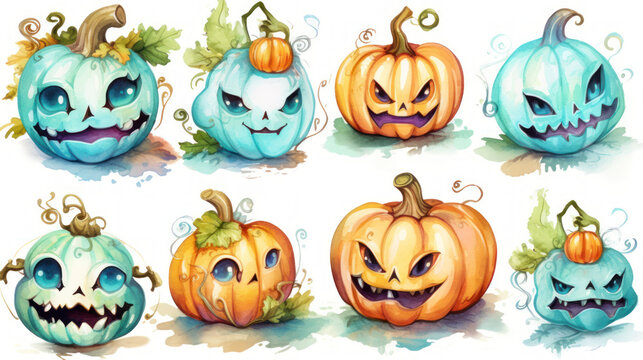 Watercolor painting of a Halloween pumpkins in cyan colours tones.