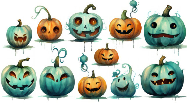 Watercolor painting of a Halloween pumpkins in teal colours tones.