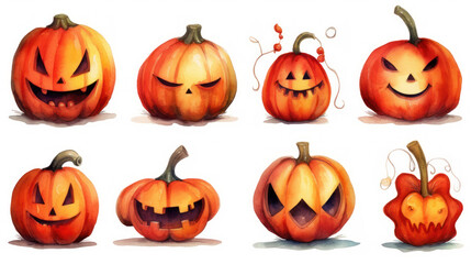 Watercolor painting of a Halloween pumpkins in scarlet colours tones.