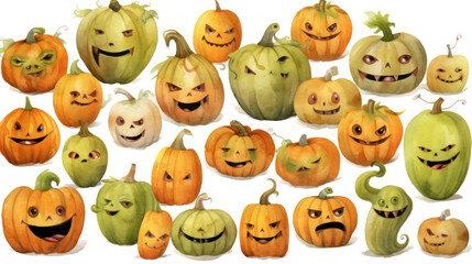 Obraz premium Watercolor painting of a Halloween pumpkins in olive green colours tones.