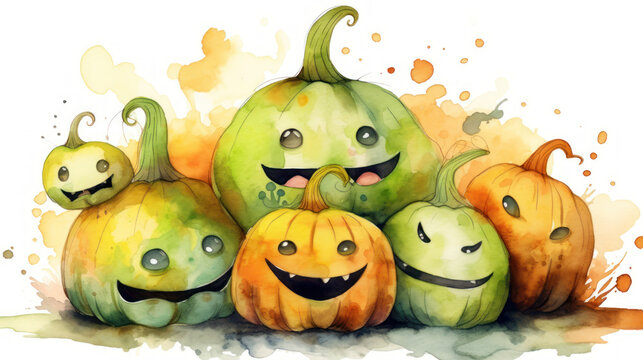 Watercolor painting of a Halloween pumpkins in chartreuse colours tones.