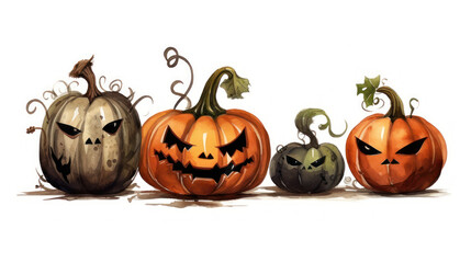 Watercolor painting of a Halloween pumpkins in dark brown colours tones.