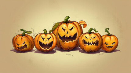 Watercolor painting of a Halloween pumpkins in dark yellow colours tones.