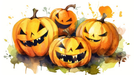 Watercolor painting of a Halloween pumpkins in dark yellow colours tones.