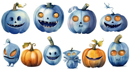 Watercolor painting of a Halloween pumpkins in dark blue colours tones.