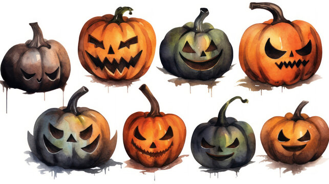 Watercolor painting of a Halloween pumpkins in light black colours tones.