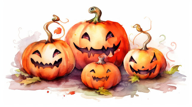 Watercolor painting of a Halloween pumpkins in light red colours tones.