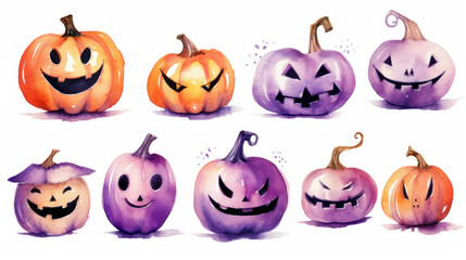 Watercolor painting of a Halloween pumpkins in light purple colours tones.