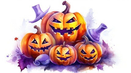 Watercolor painting of a Halloween pumpkins in light purple colours tones.