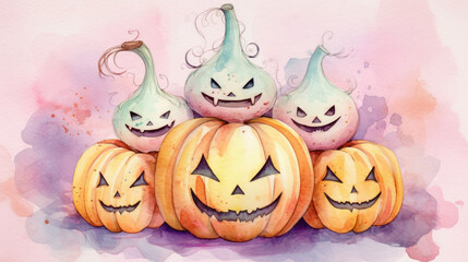 Watercolor painting of a Halloween pumpkins in light pink colours tones.