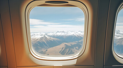 Plane window looking out toward mountains viewed by a passenger