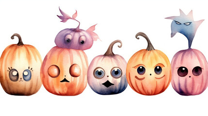 Fototapeta premium Watercolor painting of a Halloween pumpkins in light pink colours tones.