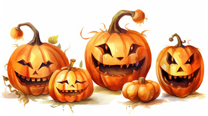 Watercolor painting of a Halloween pumpkins in vivid brown colours tones.