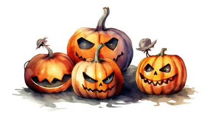 Watercolor painting of a Halloween pumpkins in vivid maroon colours tones.