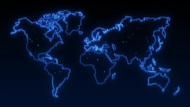 Digital Technology World Map Animation. Glowing Connections in Global Blue World Map Loop with Visual Effects. Neon globe world map. Abstract world map outline Glowing Neon lights animated background