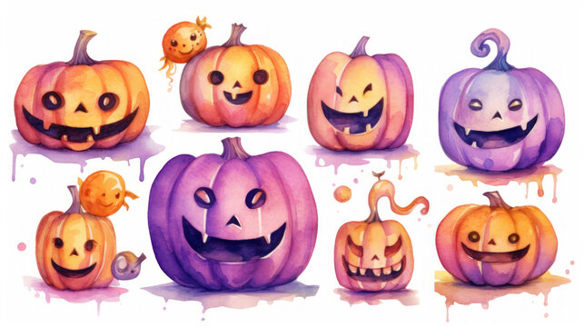 Watercolor painting of a Halloween pumpkins in light magenta colours tones.