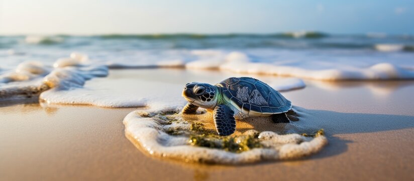 Newly hatched green sea turtle headed to sea in Tanzania seconds after emerging from egg With copyspace for text