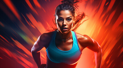 Fototapeta na wymiar Fitness Concept. A strong athletic, woman sprinter, running on colorful background wearing sportswear, fitness and sport motivation.