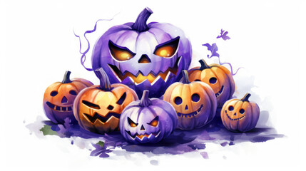Watercolor painting of a Halloween pumpkins in vivid purple colours tones.