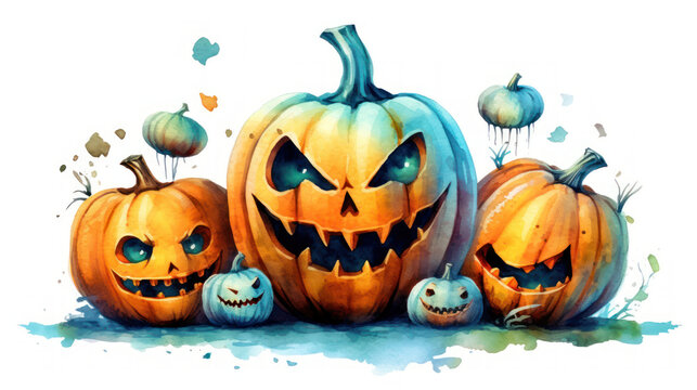 Watercolor painting of a Halloween pumpkins in vivid cyan colours tones.