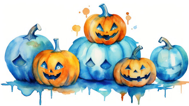 Watercolor painting of a Halloween pumpkins in vivid blue colours tones.