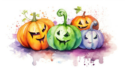 Fototapeta premium Watercolor painting of a Halloween pumpkins in colorful colours tones.