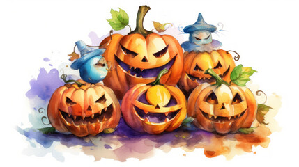 Watercolor painting of a Halloween pumpkins in colorful colours tones.