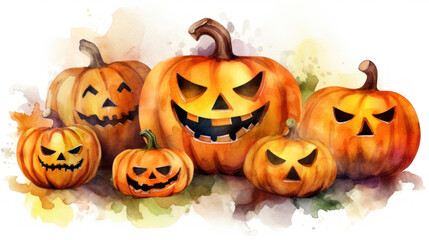 Watercolor painting of a Halloween pumpkins in colorful colours tones.
