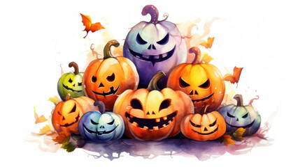 Watercolor painting of a Halloween pumpkins in colorful colours tones.