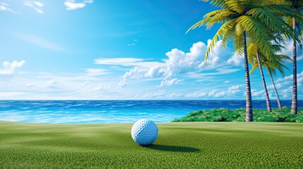 golf ball near ocean with palm tree - obrazy, fototapety, plakaty