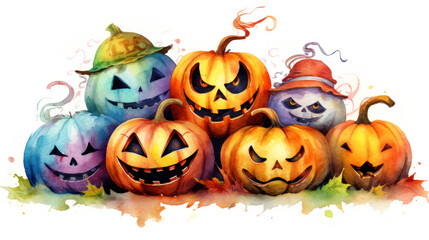 Watercolor painting of a Halloween pumpkins in colorful colours tones.